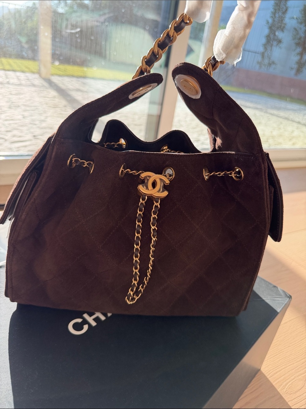 Cc Quilted Suede Drawstring Shoulder Bag in Dark Brown